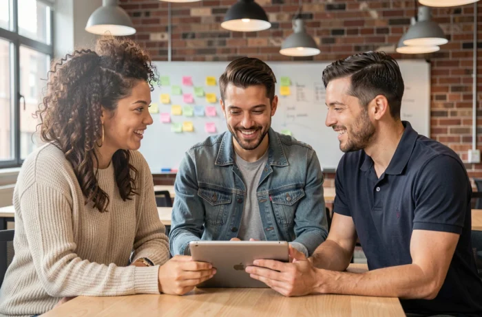 Groupe de professionnels collaborant sur une tablette lors d'un atelier de développement des compétences dans un espace de coworking