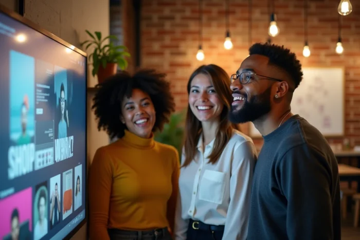 Groupe de jeunes professionnels découvrant une plateforme d'informations innovante dans un espace de coworking