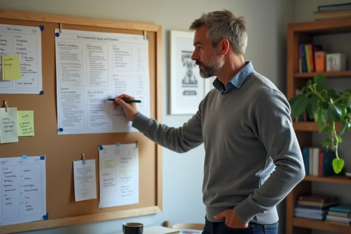 Homme d'âge moyen analysant des brochures de formation professionnelle sur un tableau de planification dans un bureau à domicile