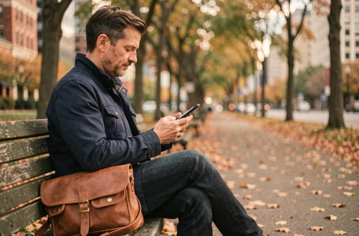 Homme consultant une application immobilière sur smartphone assis sur un banc dans un parc en automne