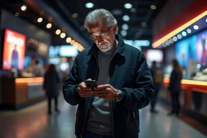 Homme consultant des avis de spectateurs sur son téléphone dans un hall de cinéma