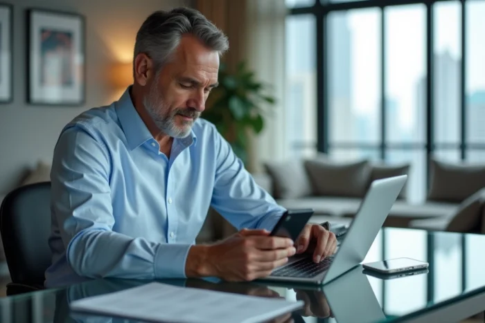 Homme consultant son espace documents locataire sur tablette et smartphone dans un appartement moderne