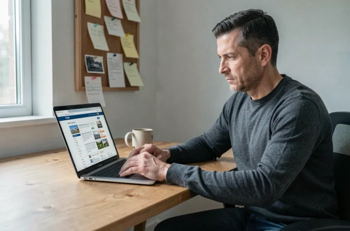 Homme consultant des petites annonces gratuites en ligne sur son ordinateur portable depuis son bureau à domicile