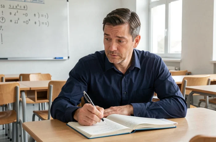 Homme prenant des notes sur la grammaire française dans une salle de classe moderne