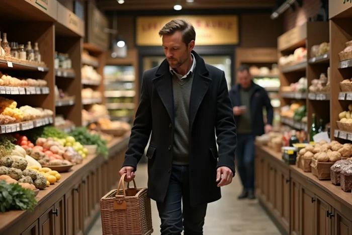 Homme faisant les courses dans une épicerie de quartier française, tenant un panier en osier et consultant une liste de courses manuscrite