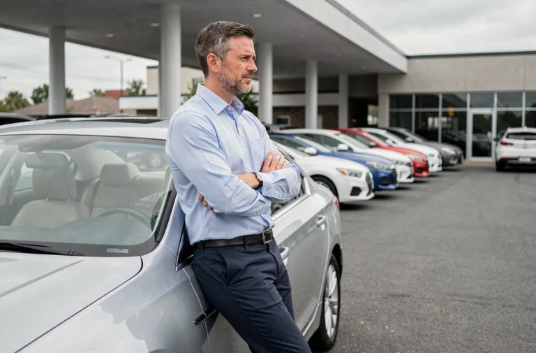 Homme en train d'évaluer une voiture neuve dans un parking de concession automobile