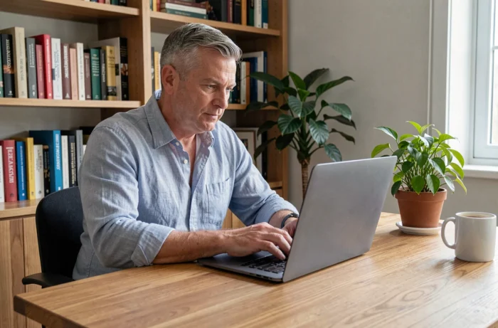Homme en télétravail suivant une formation professionnelle en ligne sur son ordinateur portable depuis son bureau à domicile
