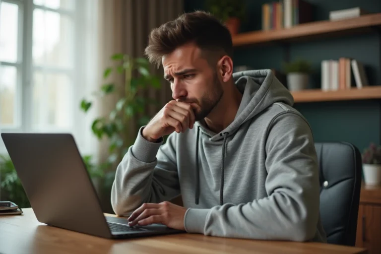 Homme frustré devant son ordinateur portable essayant d'accéder à un site web qui ne fonctionne plus
