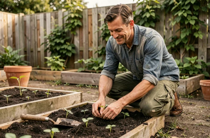 Homme jardinant dans un potager extérieur, activité de loisir en plein air et jardinage au quotidien