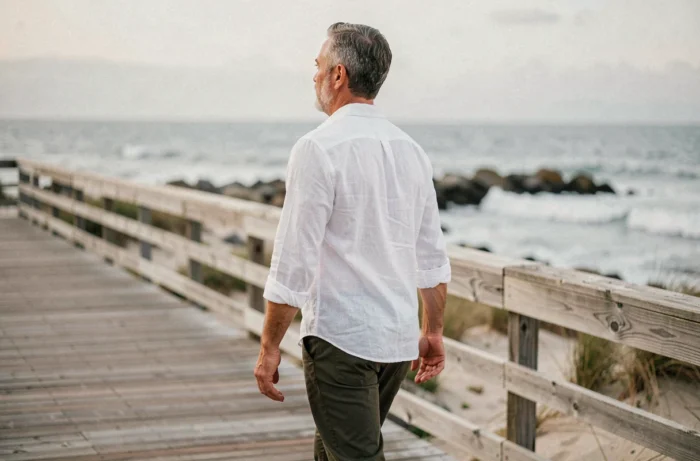 Homme marchant sur un boardwalk côtier au bord de l'océan, illustrant les effets bénéfiques de la marche quotidienne sur la santé