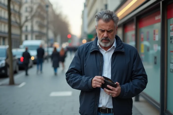 Homme découvrant la perte de sa carte bancaire dans la rue à Paris