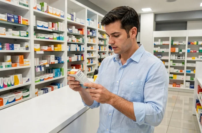 Homme lisant une notice de médicament en pharmacie pour traiter une maladie courante