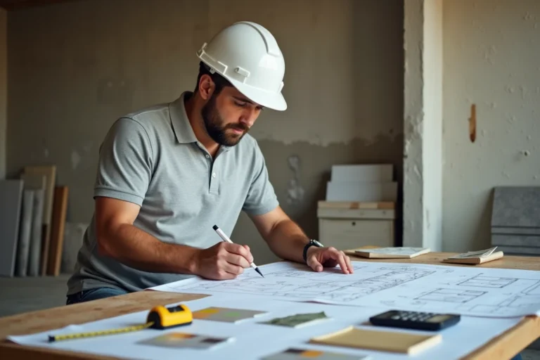 Homme consultant des plans de rénovation sur un chantier pour optimiser son budget travaux