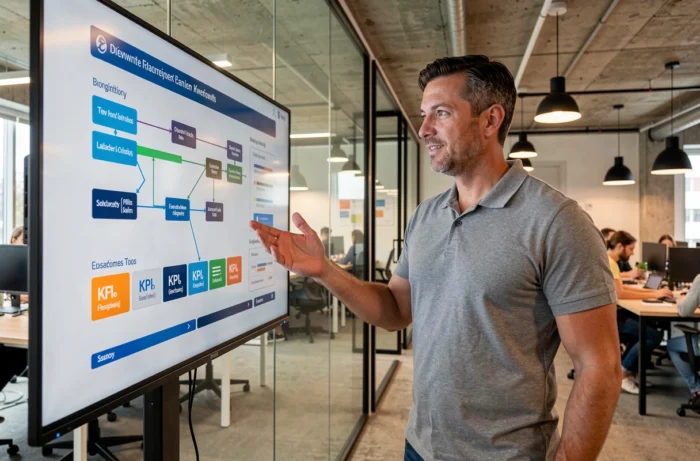Homme d'affaires présentant un workflow digital sur écran interactif dans un espace de coworking moderne
