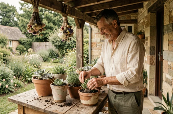 Homme arrangeant des plantes en pot sur une terrasse de jardin rustique avec des fleurs sauvages et des succulentes
