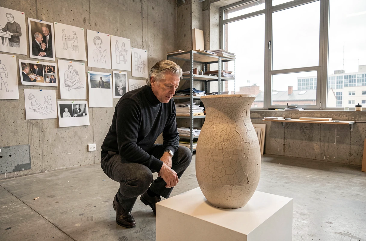 Homme examinant de près une sculpture en céramique artisanale dans un atelier d'art contemporain industriel