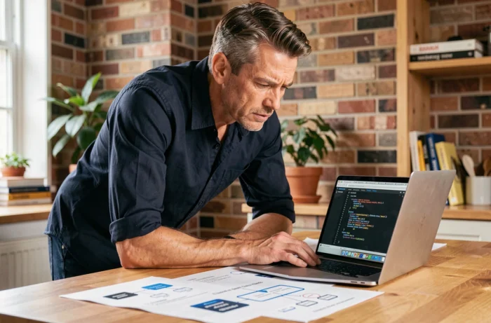 Homme travaillant sur des diagrammes de sitemap web imprimés et un ordinateur portable à domicile