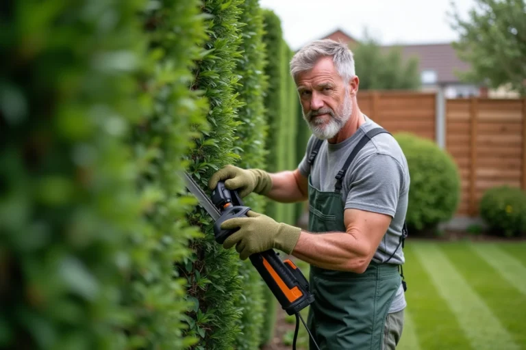 Homme utilisant un taille-haie électrique filaire pour tailler une haie verte dans un jardin résidentiel