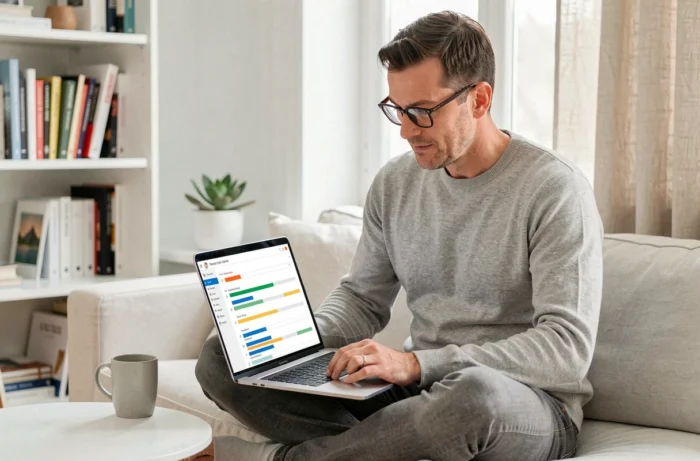 Homme en télétravail gérant ses projets avec un outil numérique de type Grovop depuis son bureau à domicile