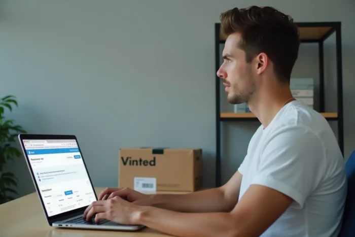 Homme consultant son compte bancaire sur ordinateur portable en attendant un virement Vinted Mangopay