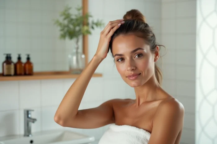 Femme appliquant un soin capillaire doux pour maintenir une bonne hygiène du cuir chevelu et réduire la transpiration sous un chapeau