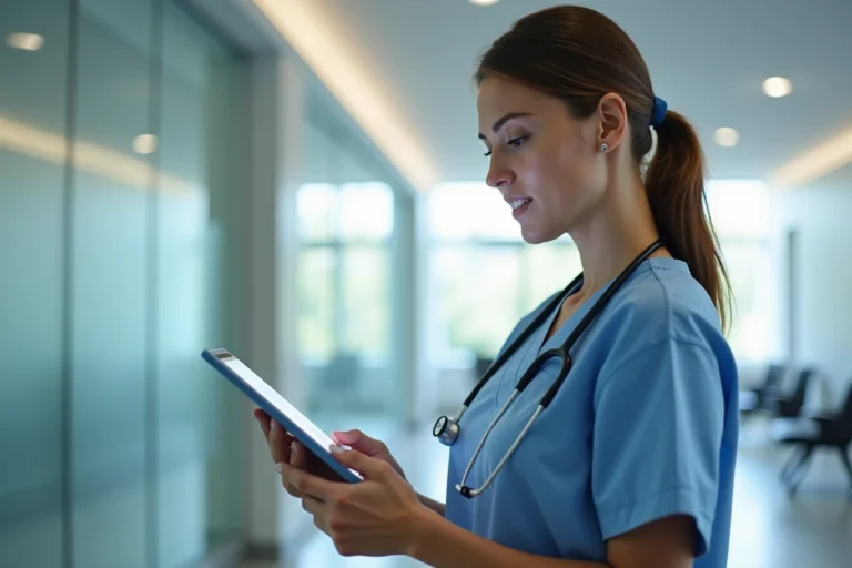 Infirmière professionnelle consultant une tablette numérique dans un couloir d'hôpital moderne pour améliorer la gestion des soins