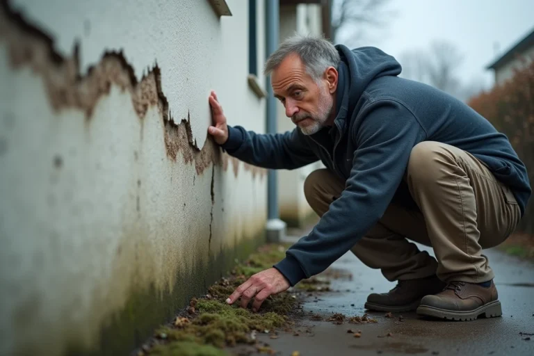 Artisan inspectant des fissures et écaillages sur une façade humide après l'hiver