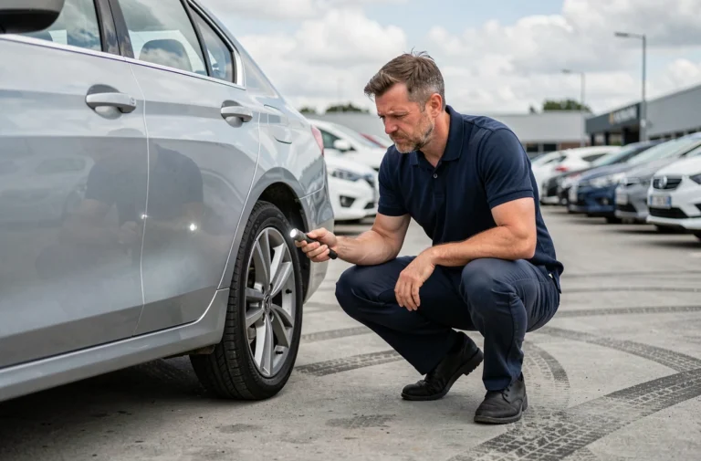 Expert automobile inspectant une voiture d'occasion dans un parc de concessionnaire Aramis Auto