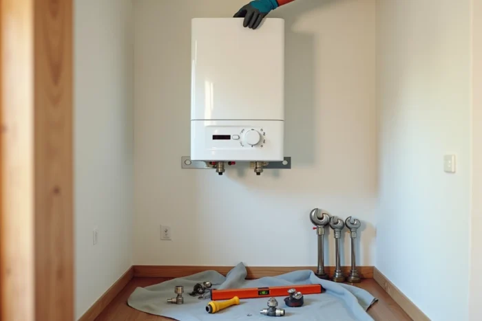 Installation d'une nouvelle chaudière gaz à condensation sur un mur blanc dans une maison