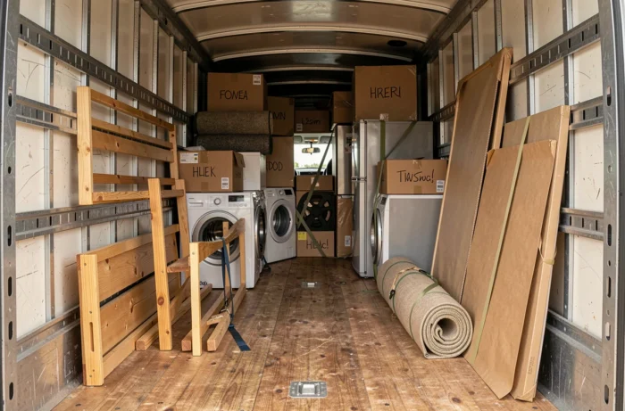 Intérieur d'un camion 15m3 rempli de meubles et cartons d'objets ménagers organisés pour un déménagement