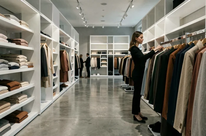 Intérieur d'un magasin Zara presque vide avec des rayons bien ordonnés et une vendeuse rangeant des vêtements, atmosphère de transition commerciale