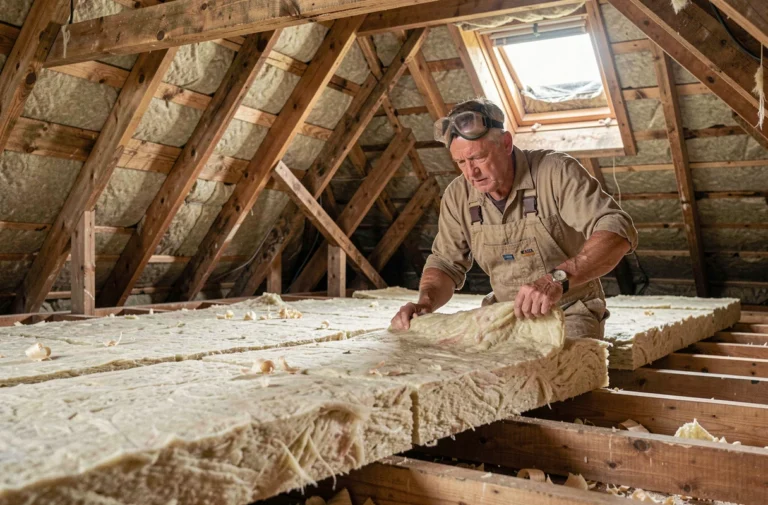 Artisan posant de la laine minérale dans les combles d'une maison pour une isolation thermique optimale