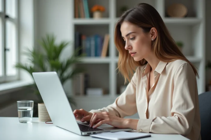 Jeune femme recherchant le numéro d'opposition carte Banque Postale sur ordinateur