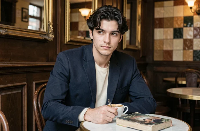 Jeune homme élégant en blazer marine attablé dans une brasserie parisienne classique avec café et livre