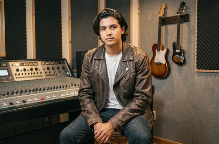 Jeune musicien brun en veste en cuir dans un studio d'enregistrement avec guitares vintage et console de mixage