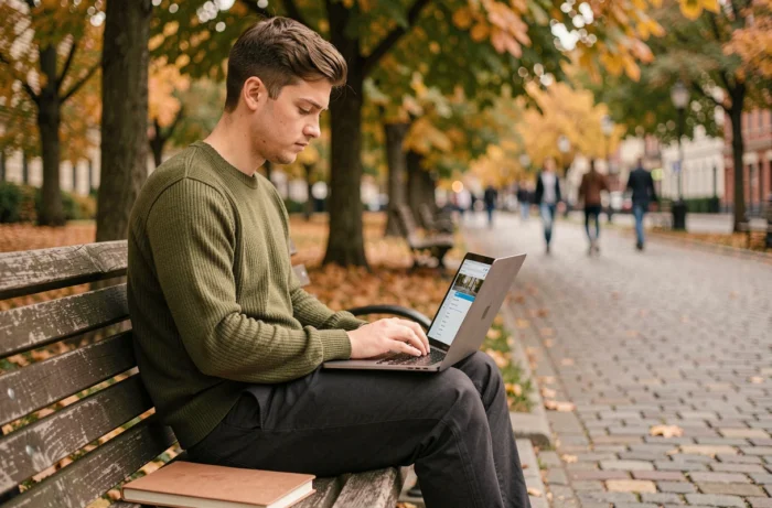 Jeune professionnel recherchant un emploi sur son ordinateur portable dans un parc urbain en automne, symbolisant la flexibilité et la mobilité dans la carrière