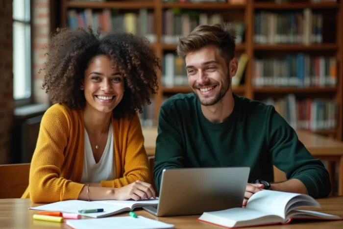 Deux jeunes adultes consultant des ressources de formation professionnelle ensemble dans une bibliothèque publique