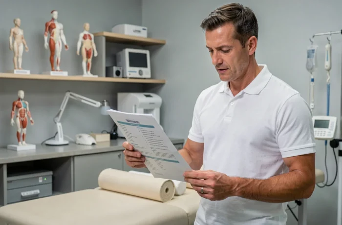 Kinésithérapeute consultant un programme bien-être personnalisé dans une clinique de réhabilitation