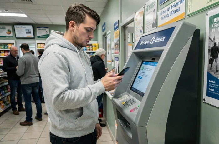 Homme consultant son smartphone devant un kiosque Western Union dans un bureau de poste français pour sécuriser un envoi d'argent