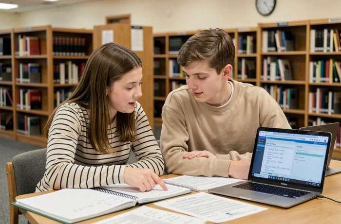 Deux lycéens collaborant sur des devoirs de mathématiques en ligne dans une bibliothèque scolaire, entourés de manuels et d'ordinateurs portables