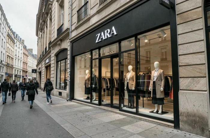 Devanture d'un magasin Zara dans une rue commerçante européenne animée, vitrine en verre avec des mannequins habillés en tenues de saison
