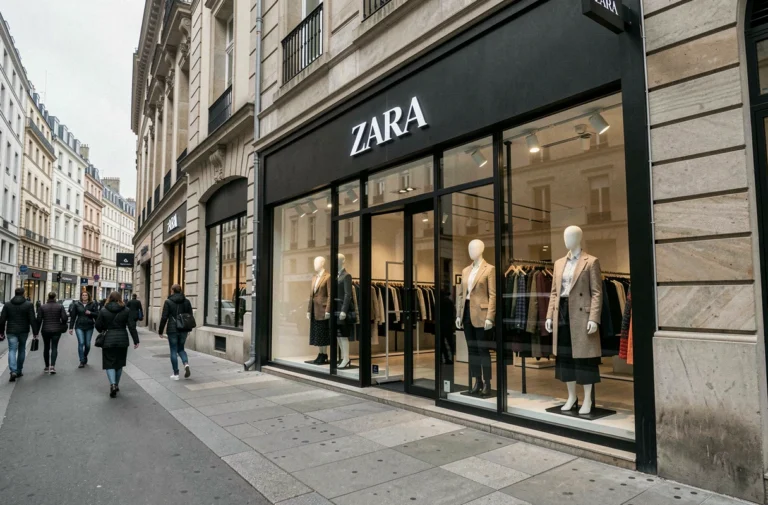 Devanture d'un magasin Zara dans une rue commerçante européenne animée, vitrine en verre avec des mannequins habillés en tenues de saison