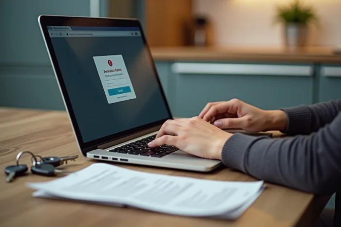 Mains tapant sur un clavier d'ordinateur avec message d'erreur sur un portail de gestion locative et documents imprimés