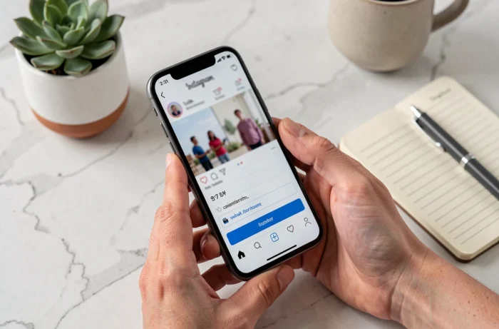 Mains tenant un smartphone lors de la création d'un compte Instagram anonyme et privé sur un bureau minimaliste