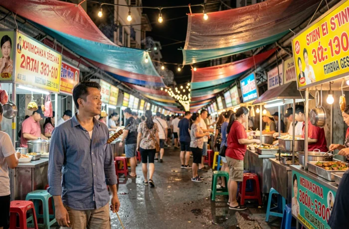 Voyageur découvrant un marché nocturne animé en Asie, dégustant des brochettes grillées dans une ruelle colorée et animée