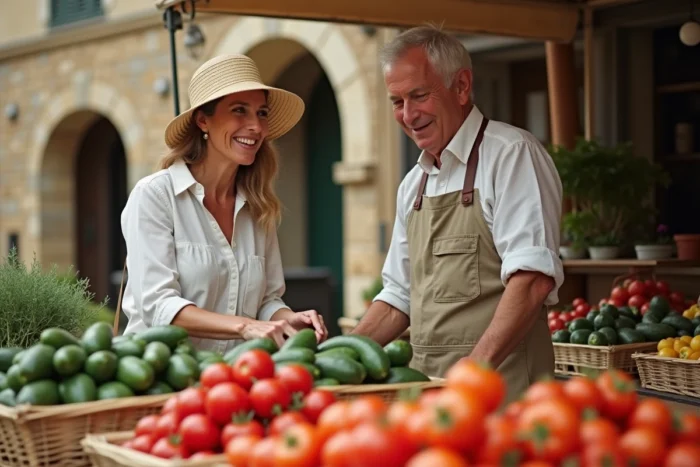 Marché provençal animé à Robion avec étals de légumes frais et habitants en conversation