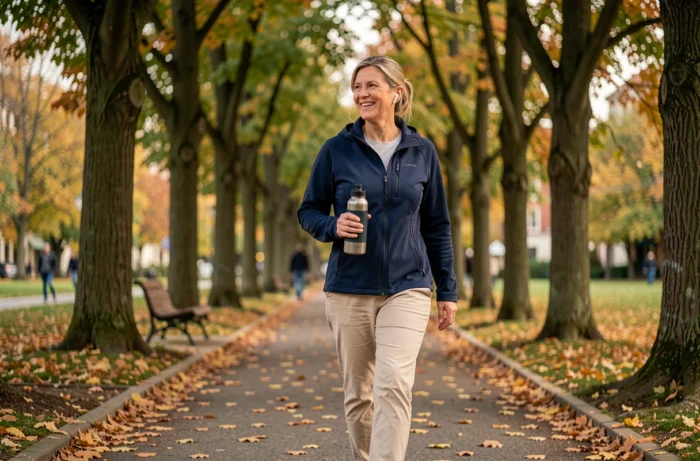 Femme marchant dans un parc en automne avec une bouteille d'eau pour prendre soin de sa santé physique au quotidien