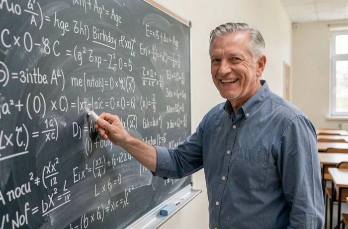 Homme de 60 ans devant un tableau noir couvert d'équations humoristiques sur l'âge avec une expression de professeur amusé