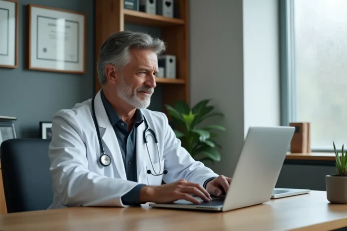 Médecin généraliste réalisant une téléconsultation sur ordinateur portable dans son cabinet médical moderne