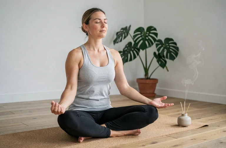 Femme pratiquant la méditation sur un tapis de yoga dans un salon minimaliste pour préserver son bien-être quotidien